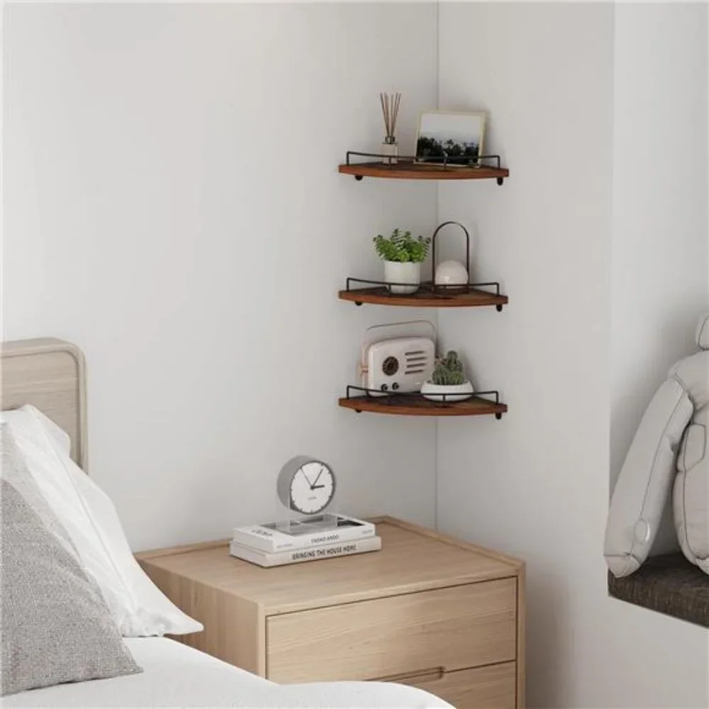 Floating Corner Shelf Wall Mount, Set of 3 Rustic Wood Corner Wall Shelves